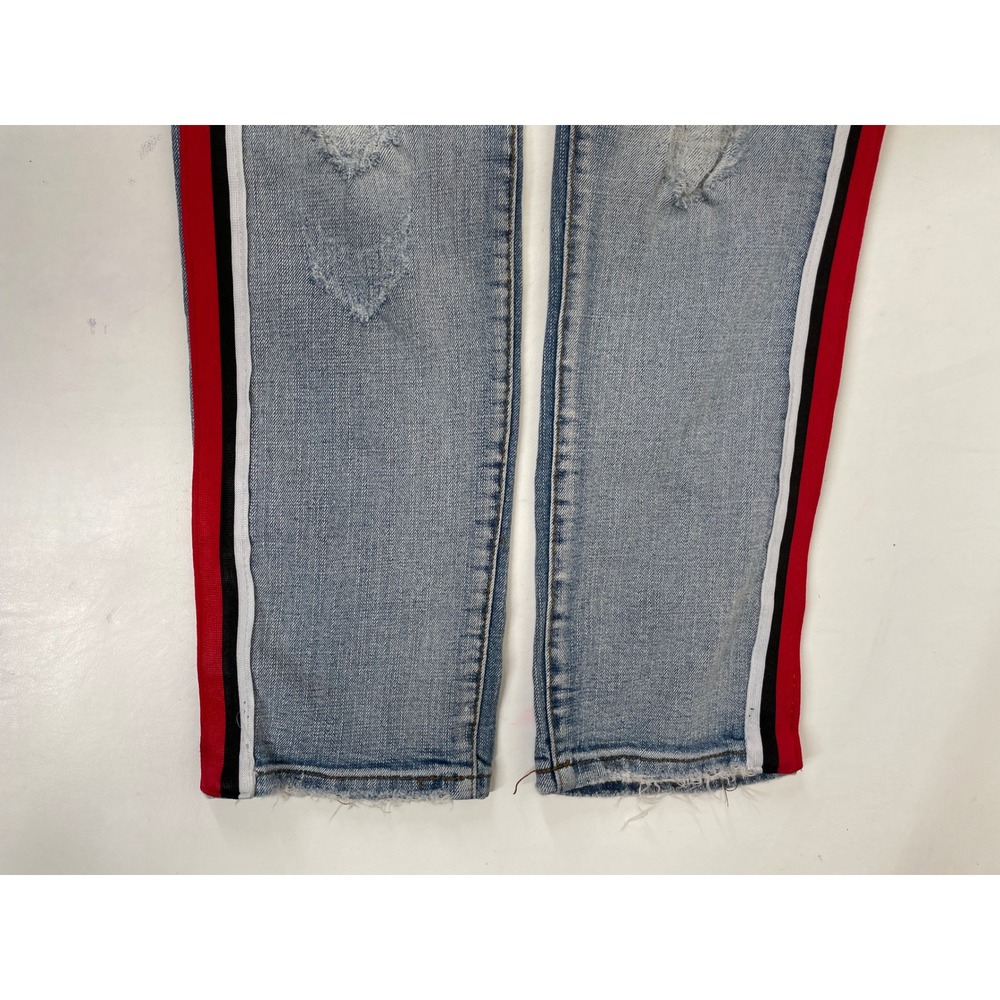 Preme Mens 34x32 Moto Biker Jeans Distressed Light Wash Side Stripe Slim Fit - Picture 3 of 10